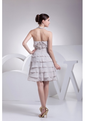 Tiers Ruched Prom Dresses with Beaded and Ruffled Halter Neckline