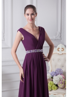 Ankle-length V-neck Prom Dress with Watteautain and Beaded Sash