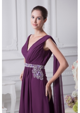 Ankle-length V-neck Prom Dress with Watteautain and Beaded Sash