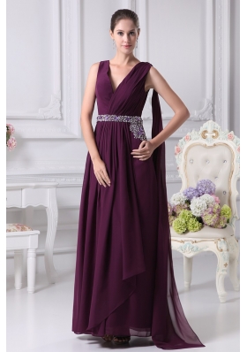 Ankle-length V-neck Prom Dress with Watteautain and Beaded Sash