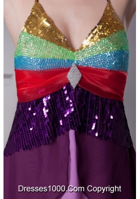 Asymmetrical Colorful Halter Top Tiers Back Out Prom Dress