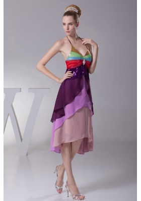 Asymmetrical Colorful Halter Top Tiers Back Out Prom Dress