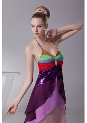 Asymmetrical Colorful Halter Top Tiers Back Out Prom Dress