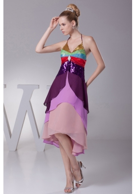 Asymmetrical Colorful Halter Top Tiers Back Out Prom Dress