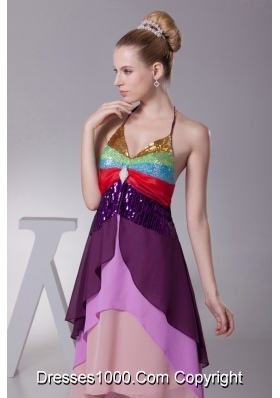 Asymmetrical Colorful Halter Top Tiers Back Out Prom Dress