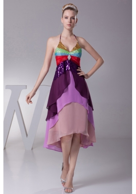 Asymmetrical Colorful Halter Top Tiers Back Out Prom Dress