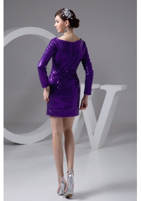 Bateau Long Sleeves Eggplant Purple Sequined Prom Dresses