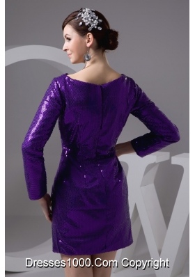Bateau Long Sleeves Eggplant Purple Sequined Prom Dresses