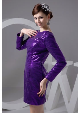 Bateau Long Sleeves Eggplant Purple Sequined Prom Dresses