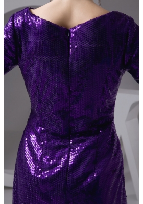 Bateau Long Sleeves Eggplant Purple Sequined Prom Dresses