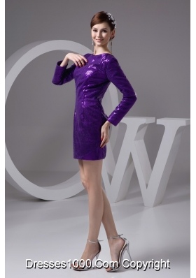Bateau Long Sleeves Eggplant Purple Sequined Prom Dresses