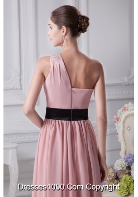 Beaded One Shoulder Ankle-length Prom Gowns with Flower Ribbon