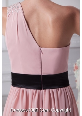 Beaded One Shoulder Ankle-length Prom Gowns with Flower Ribbon