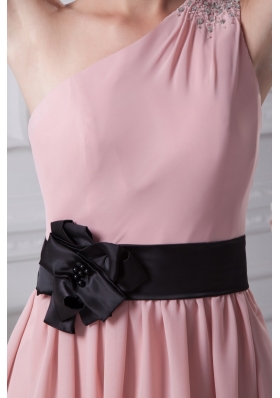 Beaded One Shoulder Ankle-length Prom Gowns with Flower Ribbon