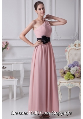 Beaded One Shoulder Ankle-length Prom Gowns with Flower Ribbon