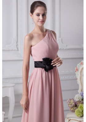 Beaded One Shoulder Ankle-length Prom Gowns with Flower Ribbon