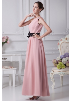 Beaded One Shoulder Ankle-length Prom Gowns with Flower Ribbon