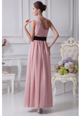Beaded One Shoulder Ankle-length Prom Gowns with Flower Ribbon