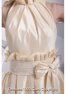 Beading Ruffles and Bowknot High Neck A-line Prom Gowns