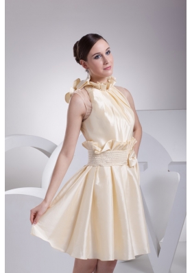 Beading Ruffles and Bowknot High Neck A-line Prom Gowns