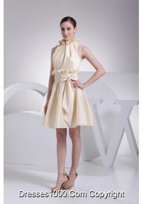 Beading Ruffles and Bowknot High Neck A-line Prom Gowns