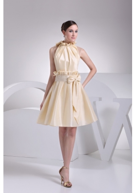 Beading Ruffles and Bowknot High Neck A-line Prom Gowns