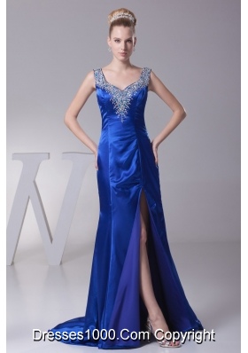 Beading Wide Straps Sweep Train Prom Dresses with High Slit