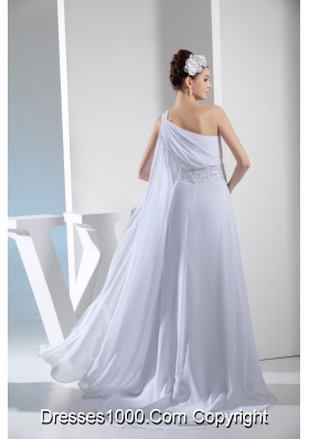 Column Single Shoulder Watteau Train Wedding Dress with Beaded Ribbon