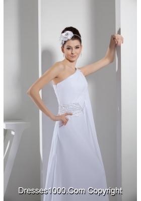 Column Single Shoulder Watteau Train Wedding Dress with Beaded Ribbon