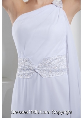 Column Single Shoulder Watteau Train Wedding Dress with Beaded Ribbon