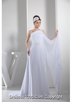 Column Single Shoulder Watteau Train Wedding Dress with Beaded Ribbon