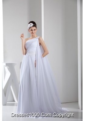 Column Single Shoulder Watteau Train Wedding Dress with Beaded Ribbon