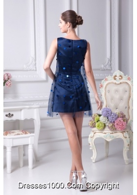 Dark Blue Mini-length Scoop Taffeta Prom Dresses with Sequins