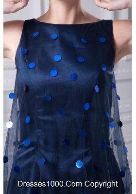 Dark Blue Mini-length Scoop Taffeta Prom Dresses with Sequins