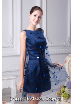 Dark Blue Mini-length Scoop Taffeta Prom Dresses with Sequins