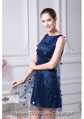 Dark Blue Mini-length Scoop Taffeta Prom Dresses with Sequins