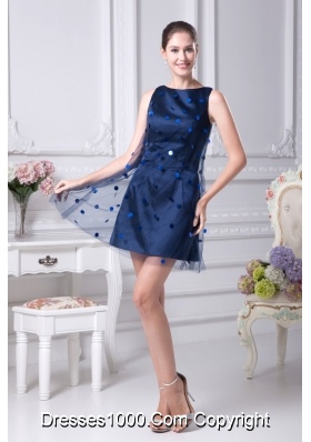 Dark Blue Mini-length Scoop Taffeta Prom Dresses with Sequins