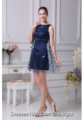 Dark Blue Mini-length Scoop Taffeta Prom Dresses with Sequins