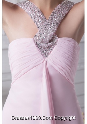 Empire Ruching Baby Pink Prom Dress with Beaded Neckline