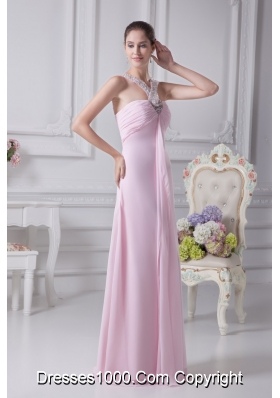 Empire Ruching Baby Pink Prom Dress with Beaded Neckline