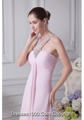 Empire Ruching Baby Pink Prom Dress with Beaded Neckline