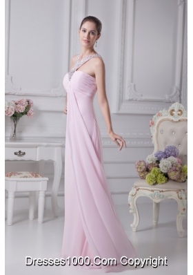 Empire Ruching Baby Pink Prom Dress with Beaded Neckline