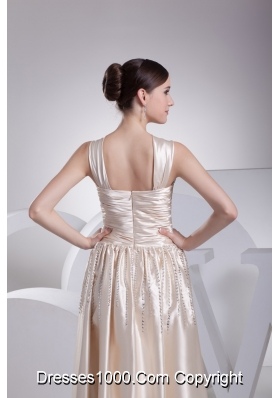 Floor-length V-neck Prom Gowns with Ruching and Beading