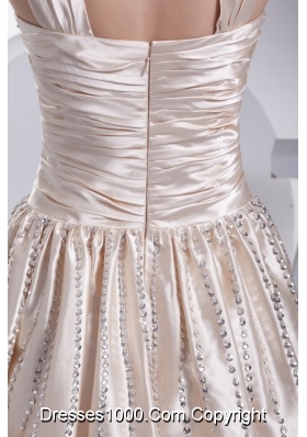 Floor-length V-neck Prom Gowns with Ruching and Beading