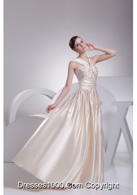 Floor-length V-neck Prom Gowns with Ruching and Beading