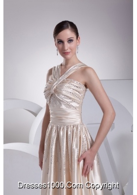 Floor-length V-neck Prom Gowns with Ruching and Beading