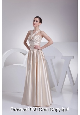 Floor-length V-neck Prom Gowns with Ruching and Beading