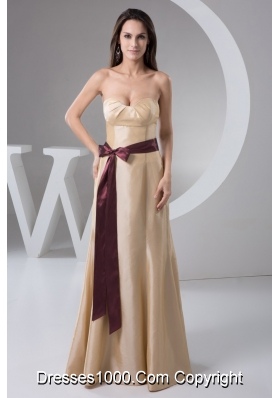 Gold Floor-length Sweetheart Prom Dress with Grape Sash