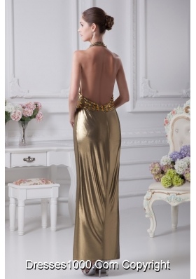 Halter Top Ankle-length Backless Prom Dresses with Beaded Belt