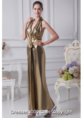 Halter Top Ankle-length Backless Prom Dresses with Beaded Belt